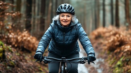 Poster - Elderly woman speeding down a rocky downhill bike trail with intense focus and agility Stock Photo with side copy space