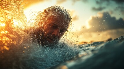 Poster - Senior wakeboarder performing tricks on the water while being pulled by a boat Stock Photo with side copy space