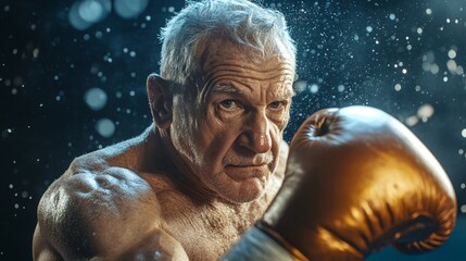 Poster - Older man practicing boxing moves with focus and speed during a training session Stock Photo with side copy space