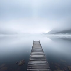  A mystical lake surrounded by fog, with a lone wooden dock extending into the water and distant mountains barely visible