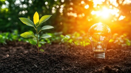 Poster - A Light Bulb and a Sprout Growing in Soil