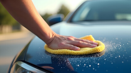 Hand cleaning the car with a cloth