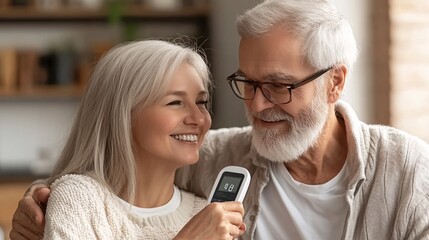 Poster - Senior couple checking their blood sugar levels together using a glucose monitor on the dining table Stock Photo with side copy space