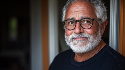 Poster - Senior man practicing mindful breathing exercises in a quiet corner of his home for stress relief Stock Photo with side copy space