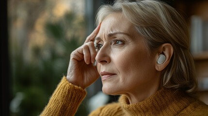 Poster - Elderly woman using an at-home hearing test app on her smartphone Stock Photo with side copy space