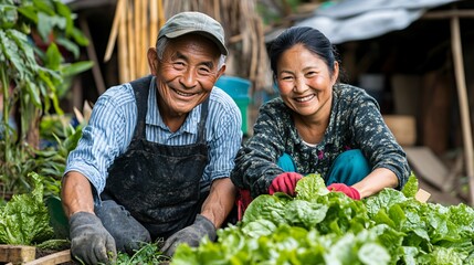 Poster - Elderly Asian couple gardening with their grandchildren in a backyard garden Stock Photo with side copy space