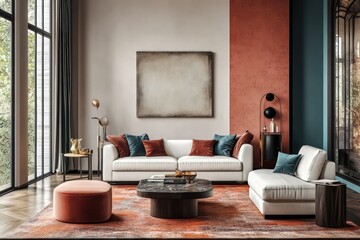 a living room template mockup with a warm feel and light grey walls and a blank wall use deep rusty pinks , cream deep teal and black as accent colors