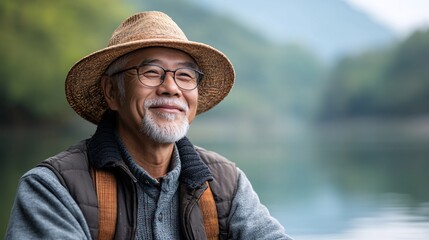 Poster - Elderly Asian man teaching his grandson how to fish by the riverside on a peaceful day Stock Photo with side copy space