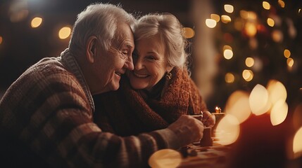 Aufkleber - BIPOC elderly couple playing board games with their family during a cozy evening at home Stock Photo with side copy space