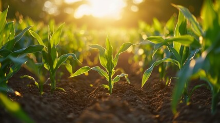 Wall Mural - Rows of young corn plants growing in a field at sunset, with the sun shining through the leaves.