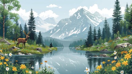 Forest animals in wild nature on meadow with flowers and mushrooms. Vector natural landscape with mountain lake, trees and bushes. Biodiversity of flora and fauna in woods. Wildlife in woodland