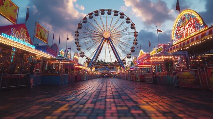 Poster - 3d rendering of carnival Ferris wheel on a cloudy day surrounded by colorful booths and banners with soft light reflecting off the clouds capturing the festive energy with no people