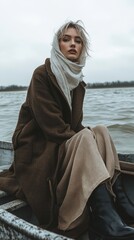 Sticker - A woman is sitting in a boat on a lake wearing a brown coat and a white scarf