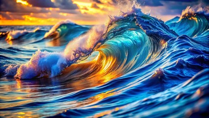 Abstract Blue Ocean Waves with Luminous Patterns - High Dynamic Range Photography