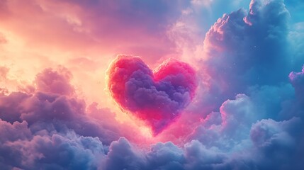 Fototapete - Beautiful colorful Valentines Day heart floating among soft fluffy clouds with vibrant hues of pink red and purple creating a dreamy abstract sky as the perfect romantic background