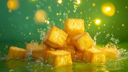 Perfectly fried tofu cubes bubbling in oil, decorated with Christmas lights, vibrant green background, and room for messaging