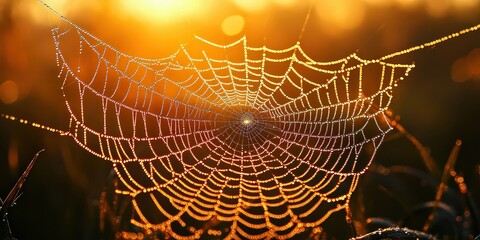  Spider web glistening with morning dew illuminated by soft sunlight, symbolizing the beauty of nature's delicate structures.