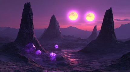 Wall Mural - purple and pink alien landscape with double suns and glowing crystals