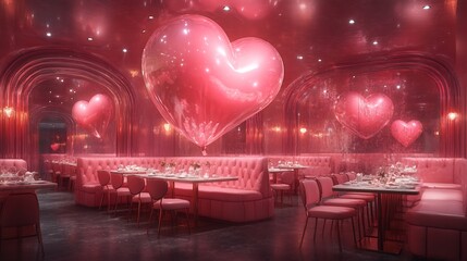 Poster - Big pink restaurant room glowing with love set up for a Valentine family dinner Heartshaped balloons hover perfectly above each table creating a dreamy atmosphere for the celebration of love