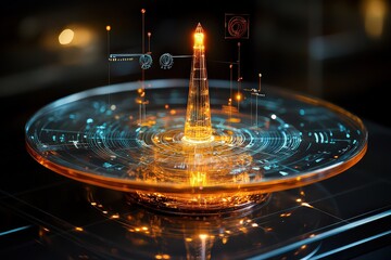  A futuristic holographic sundial featuring a transparent, glowing base with a digital 