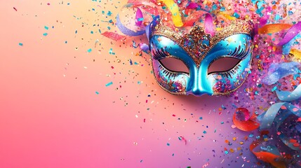 Poster - Bold and detailed carnival mask in vivid colors highlighted by glittering confetti and streamers against a soft gradient background leaving a sleek banner space for text on the right side