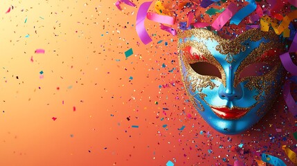 Poster - Bold and detailed carnival mask in vivid colors highlighted by glittering confetti and streamers against a soft gradient background leaving a sleek banner space for text on the right side