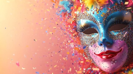 Poster - Bold and detailed carnival mask in vivid colors highlighted by glittering confetti and streamers against a soft gradient background leaving a sleek banner space for text on the right side