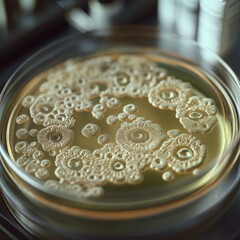 Close-up of Bacterial Colonies Growing on Agar Plate in a Petri Dish, Microbiology Research, Lab Experiment, Science.