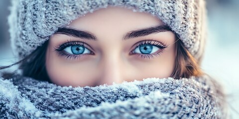 Portrait of a beautiful young woman in a snowy forest