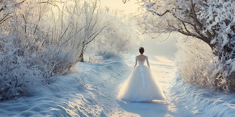 Wall Mural - A beautiful girl in a white dress in the winter forest