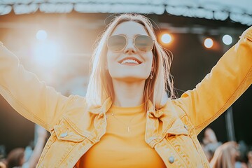 Canvas Print - Happy teenage girl dancing and having fun at festival.