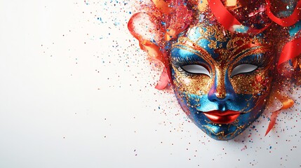 Fototapete - Brightly colored carnival mask in vibrant reds blues and golds framed by swirling ribbons and confetti on a minimalist white banner with open space on the right for text to stand out