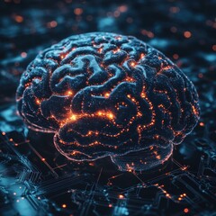 Poster - Futuristic 3D Render of a Human Brain with Glowing Circuitry - Artificial Intelligence and Technology Concept.