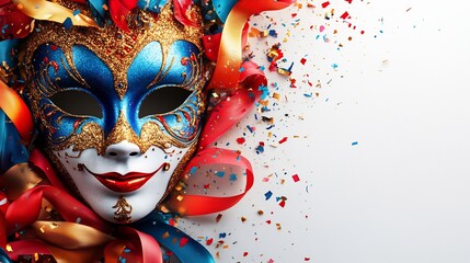 Poster - Brightly colored carnival mask in vibrant reds blues and golds framed by swirling ribbons and confetti on a minimalist white banner with open space on the right for text to stand out