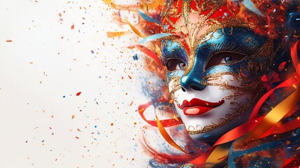 Poster - Brightly colored carnival mask in vibrant reds blues and golds framed by swirling ribbons and confetti on a minimalist white banner with open space on the right for text to stand out
