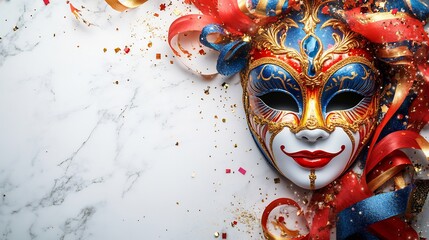 Poster - Brightly colored carnival mask in vibrant reds blues and golds framed by swirling ribbons and confetti on a minimalist white banner with open space on the right for text to stand out