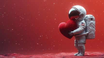 Poster - Charming astronaut holding a big plush red heart floating in space with a simple red background creating a whimsical and romantic Valentine's Day scene with a minimalist touch