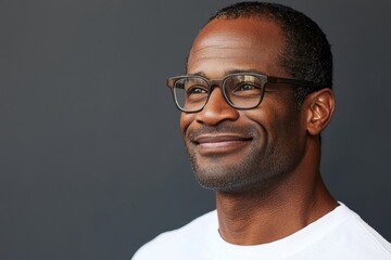 Looking up and to the side, a smiling man with glasses.