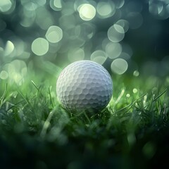 Close-up of a golf ball on a tee, with a blurred grass background