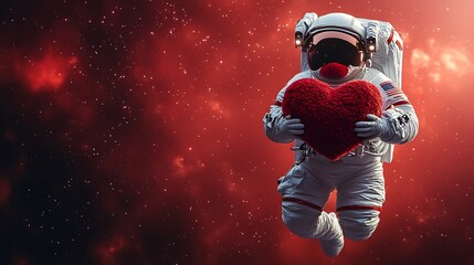 Poster - Charming astronaut holding a big plush red heart floating in space with a simple red background creating a whimsical and romantic Valentine's Day scene with a minimalist touch