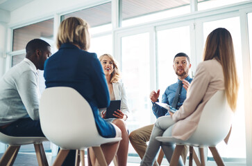 Fototapete - Collaboration, team building and workshop with business people in office for support, training or equality. Coaching, networking and development with employees in circle for communication and mission