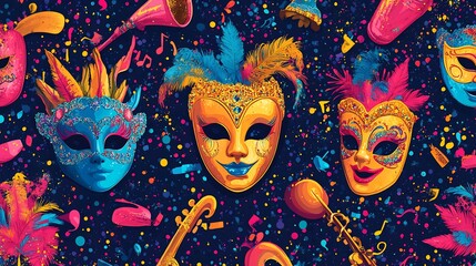 colorful carnivalthemed background with a seamless pattern of masks confetti and musical instruments