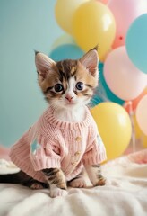 Cute kitten wearing a pink knitted sweater, sitting against a sky-blue background with balloons and clouds. Concept of pets and cuteness