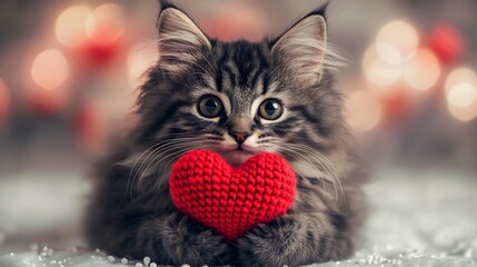 Poster - Cute gray and black fluffy cat holding a red knitted heart in its paws The cat is set against a soft pastel Valentines Day postcard background evoking warmth and affection