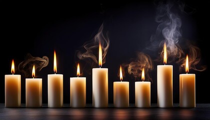 Set of pillar candles with flames illuminated, religious background, copy space, calm, meditation background.