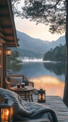Poster - A cabin with a view of a lake and mountains