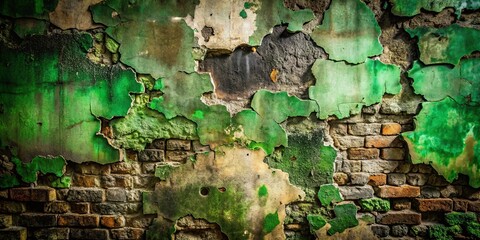 A weathered brick wall with peeling green paint, revealing the underlying structure and the passage of time.