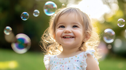 Happy girl playing with soap bubbles in yard on sunny day