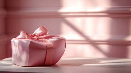 Poster - Dreamy minimalist Valentines Day scene with a single heartshaped gift box wrapped in a delicate ribbon set against a soft pastel wallpaper evoking elegance and calm feelings