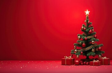 Decorated Christmas tree with gifts under the tree, red solid background